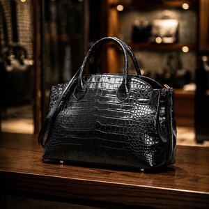 May include: A black handbag with a crocodile skin texture sits on a wooden surface. The bag has two handles and a shoulder strap. The background is a blurred view of a store interior.