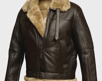 Chaqueta de aviador B-3 de piel de oveja para hombre: auténtica chaqueta de vuelo de piel de oveja marrón oscuro, abrigo de piloto resistente para invierno.