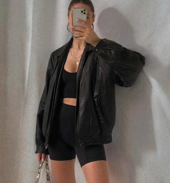 Women's Oversized Black Leather Bomber Jacket – Handmade Full Grain Real Leather Coat, Y2K Biker Jacket Gift for Her