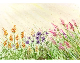 Sunny Field of Wildflowers Watercolor Giclee Print