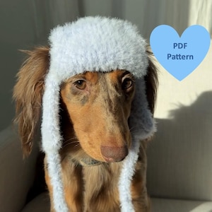 May include: A brown and white Dachshund dog wearing a light blue, fluffy, trapper hat. The hat has ear flaps and ties. A blue heart graphic with the text "PDF Pattern" is in the background.