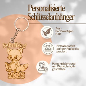 Personalized wooden keychain animal fox | Engraved with emergency information | Back-to-school gift | Backpack pendant for children
