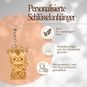 Personalized wooden keychain animal tiger | Engraved with emergency information | Back to school gift for elementary school students | Backpack pendant for children