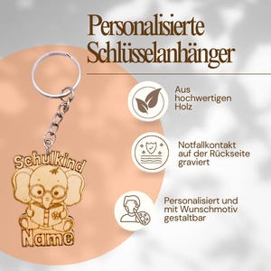 Personalized wooden keychain animal elephant | Engraved with emergency information | Back-to-school gift | Backpack pendant for children