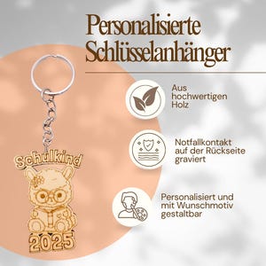Personalized wooden keychain with a sharp animal | Engraved with emergency information | Back-to-school gift for elementary school students | Backpack pendant for children