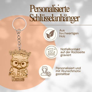 Personalized wooden keychain animal owl | Engraved with emergency information | Back to school gift for elementary school students | Backpack pendant for children