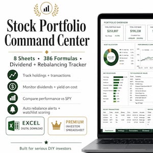 May include: A laptop displaying a stock portfolio dashboard with financial data, charts, and graphs. The screen shows portfolio overview, asset allocation, performance comparison, and dividend income. Text includes "Stock Portfolio Command Center" and "Premium Investor Spreadsheet."