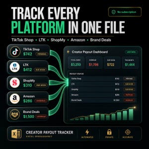 Könnte beinhalten: Eine digitale Tabellenkalkulations-Schnittstelle zur Verfolgung von Creator-Auszahlungen auf schwarzem Hintergrund. Die Grafik zeigt ein Dashboard mit Finanzdaten von TikTok Shop, LTK, ShopMy, Amazon und Brand Deals sowie Statusanzeigen.