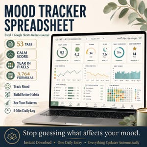 May include: A laptop screen displaying a digital mood tracker spreadsheet with a wellness dashboard, featuring charts for calm scores, stress levels, sleep hours, and habit completion. The interface includes text labels like 53 Tabs, 3,764 Formulas, and Mood Tracker Spreadsheet.