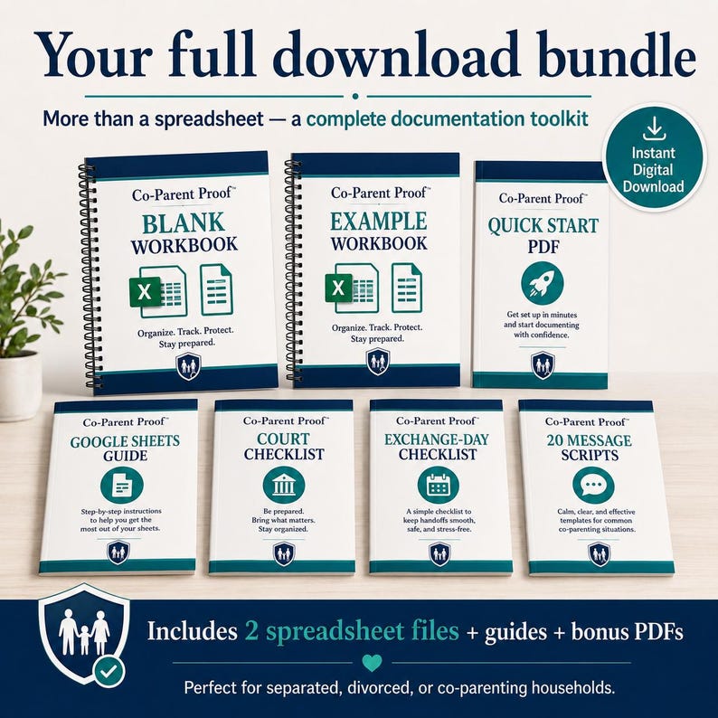 May include: A Co-Parent Proof digital download bundle featuring two spiral-bound workbooks, a Quick Start PDF, and four guides including Google Sheets, Court Checklist, Exchange-Day Checklist, and 20 Message Scripts, all with teal and navy branding.