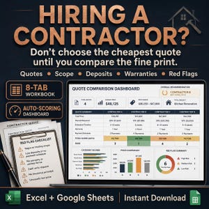 Pode incluir: Um painel digital de comparação de orçamentos num ecrã de portátil, com um livro de trabalho de 8 separadores. Ao lado, uma prancheta mostra uma lista de verificação de sinais de alerta ao contratar um empreiteiro, com análise.