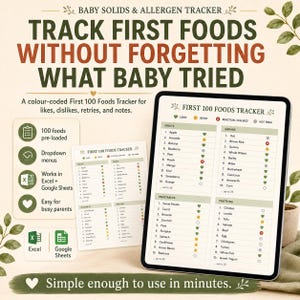 K&ouml;nnte beinhalten: Ein digitaler Tracker f&uuml;r Beikost und Allergene f&uuml;r Babys, dargestellt auf einem Tablet und einem Ausdruck. Der Tracker enth&auml;lt Listen f&uuml;r Obst, Getreide, Gem&uuml;se und Proteine mit farbcodierten Symbolen zur Erfassung von Vorlieben und Reaktionen.