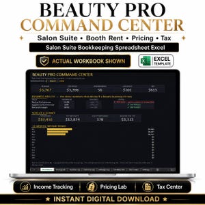 May include: A digital Beauty Pro Command Center Excel spreadsheet template displayed on a laptop screen. The dashboard features sections for revenue, net profit, appointments, business health, year-at-a-glance data, and a 12-month income trend chart.