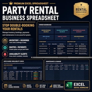 Spreadsheet voor uw verhuurbedrijf voor feesten in Excel | Beschikbaarheid van inventaris, boekingsvolger, offertecalculator, betalings- en winstdashboard