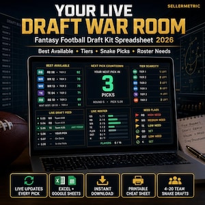May include: A laptop screen displaying the Your Live Draft War Room Fantasy Football Draft Kit Spreadsheet 2026. The interface features sections for Best Available, Next Pick Countdown, Tier Scarcity, Live Draft Feed, Live Roster, and Need Flags.
