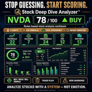 Op de afbeelding: Een digitaal dashboard voor aandelenanalyse genaamd Stock Deep Dive Analyzer met een NVDA-koopsignaalscore van 78/100. De interface toont technische gegevens, waarderingen, fundamenten, risico's en sentimentindicatoren met grafieken.
