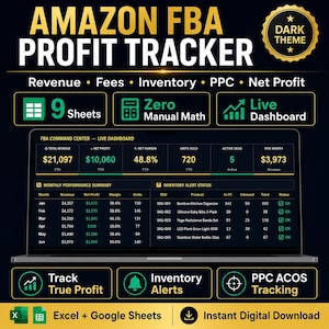 May include: An Amazon FBA Profit Tracker digital tool featuring a dark theme dashboard on a laptop screen. It displays revenue, fees, inventory, and PPC data across nine sheets. The interface includes a live dashboard, monthly performance summary, and inventory alert status with clear text and green accents.