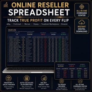 Könnte beinhalten: Eine digitale Online-Reseller-Tabelle auf einem Laptop-Bildschirm und einem kleineren Monitor. Die Benutzeroberfläche zeigt ein Verkaufsprotokoll mit Spalten für Datum, Artikelname, Plattform, Kategorie, Verkaufspreis, Gebühren und Nettogewinn. Der Text umfasst Online Reseller Spreadsheet, Track True Profit On Every Flip und listet Plattformen wie eBay, Poshmark, Mercari, Depop, Facebook Marketplace und Amazon auf.