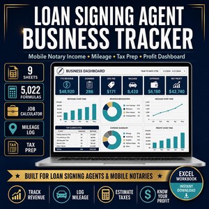 May include: A digital Loan Signing Agent Business Tracker Excel workbook displayed on a laptop screen. The dashboard features YTD revenue, mileage, tax prep, and profit metrics. Includes 9 sheets, 5,022 formulas, a job calculator, and a mileage log.
