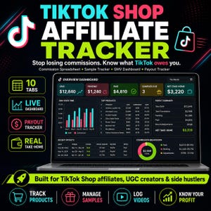 以下が含まれることがあります： ノートパソコンの画面に表示されたTikTokショップのアフィリエイトトラッカー。GMV、保留中、支払い済み、純利益の指標を示すダッシュボードを備えています。インターフェースには、コミッションスプレッドシート、サンプル追跡機能、支払い概要が含まれています。