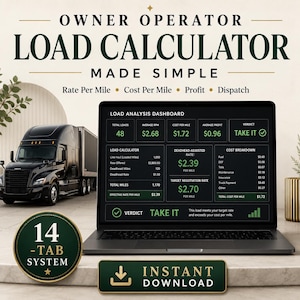 May include: A digital owner operator load calculator displayed on a laptop screen, featuring a load analysis dashboard with metrics like rate per mile, cost per mile, and profit. Includes a 14-tab system badge and an instant download button.