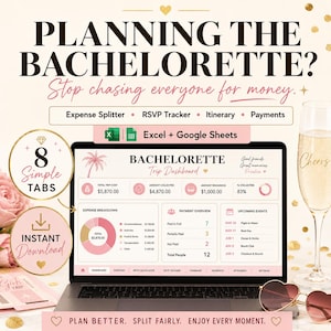 May include: A digital bachelorette trip planning dashboard displayed on a laptop screen, featuring an expense splitter, RSVP tracker, itinerary, and payment overview. The interface includes pink and white colour schemes, Excel and Google Sheets compatibility, and text elements like 'Planning the Bachelorette?' and '8 Simple Tabs'.