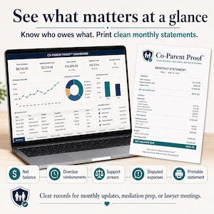 May include: A laptop displaying the Co-Parent Proof dashboard with financial data, charts, and recent activity, alongside a printed monthly statement document. The interface includes text like See what matters at a glance and Co-Parent Proof.