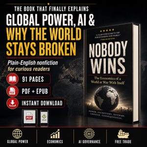 May include: A book cover with the title "NOBODY WINS" and the subtitle "The Economics of a World at War With Itself." The cover features a globe and city skyline. Text on the cover reads "GLOBAL POWER, AI & WHY THE WORLD STAYS BROKEN."