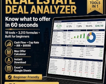 May include: A laptop screen displays a real estate deal analyzer interface. The software, with 18 tools in 1, offers features like cash flow analysis, IRR, and a max offer calculator. The interface shows financial data and is designed for beginners.