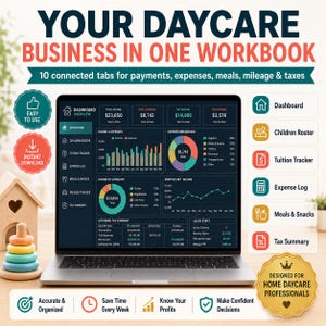 Puede incluir: Un libro de trabajo digital para guarderías en la pantalla de un portátil, con un panel de control que muestra gráficos financieros, ingresos, gastos y resúmenes de impuestos, junto con pestañas para el seguimiento de niños y finanzas.