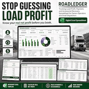 May include: A digital Excel spreadsheet titled ROADLEDGER for trucking load profit, payment, and accessorial recovery. The display shows a dashboard with financial charts, load logs, payment tables, and cost breakdowns for owner-operators.
