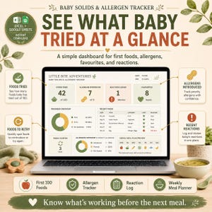K&ouml;nnte beinhalten: Ein digitales Dashboard zur Verfolgung von Beikost und Allergenen f&uuml;r Babys auf einem Laptop-Bildschirm. Die Benutzeroberfl&auml;che enth&auml;lt Bereiche f&uuml;r probierte Lebensmittel, eingef&uuml;hrte Allergene, protokollierte Reaktionen und Favoriten.