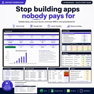 May include: A digital spreadsheet kit for app developers titled Stop building apps nobody pays for. It includes a dashboard, paywall math, idea bank, launch checklist, revenue tracker, build sprint, and settings. Compatible with Excel, Google Sheets, Numbers, and LibreOffice.