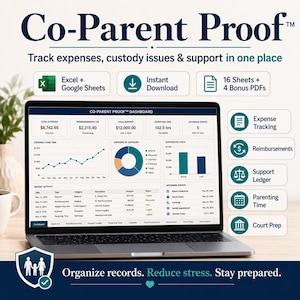 May include: A laptop displaying the Co-Parent Proof dashboard, a digital tool for tracking expenses, custody, and support. The screen shows charts, tables, and financial data. Icons indicate features like expense tracking, reimbursements, and court preparation.