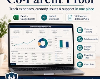 Co-Elternschafts-Arbeitsblatt, Ausgaben-Tracker, Sorgerohrbuch, Support-Ledger (Excel Google Sheets)