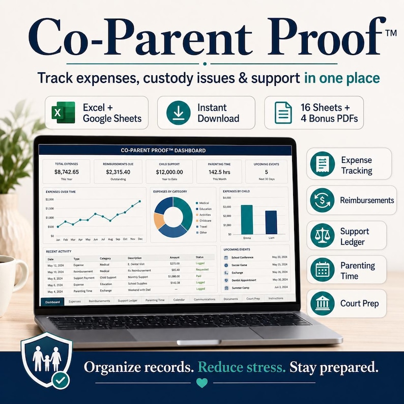 May include: A laptop displaying the Co-Parent Proof dashboard, a digital tool for tracking expenses, custody, and support. The screen shows charts, tables, and financial data. Icons indicate features like expense tracking, reimbursements, and court preparation.