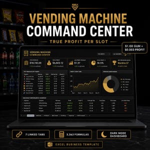 May include: A laptop displaying a Vending Machine Command Center Excel business template in dark mode. The screen shows financial dashboards, profit metrics, revenue breakdowns, and machine performance tables with gold text on a black background.