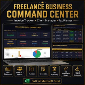 May include: A digital Freelance Business Command Center spreadsheet displayed on a laptop screen, featuring an invoice tracker, client manager, and tax planner. The interface includes financial dashboards, project trackers, and charts for Microsoft Excel.