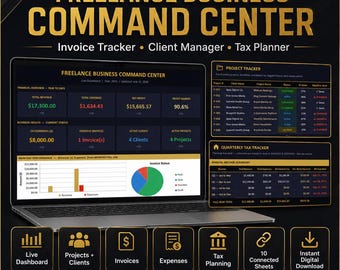 Freelance Business Command Center Excel | Invoice Tracker | Client Manager | Tax Planner | Dark Theme Dashboard