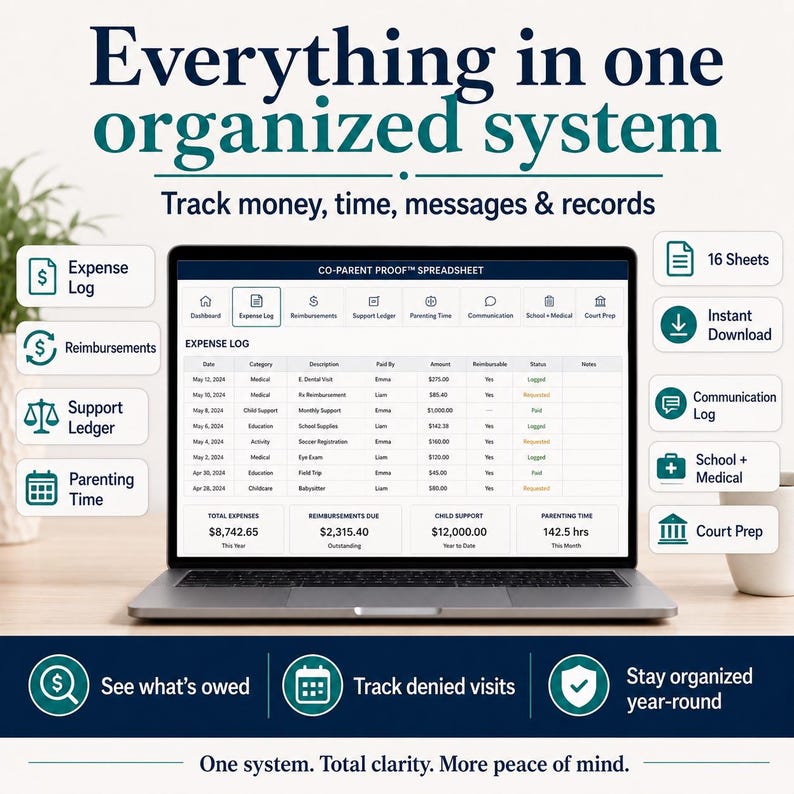 Co-Parenting Spreadsheet, Expense Tracker, Custody Log, Support Ledger (Excel Google Sheets) image 2