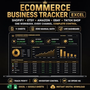 Puede incluir: Un libro de trabajo de Excel para el seguimiento de negocios de comercio electrónico con un panel digital en texto dorado sobre fondo negro. Muestra 11 hojas, cero cálculos manuales y un panel en vivo para Shopify, Etsy, Amazon, eBay y TikTok Shop.