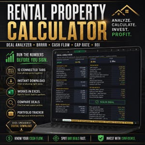 May include: A digital rental property calculator spreadsheet displayed on a laptop screen. The interface features sections for deal analysis, cash flow, cap rate, and ROI. Text includes RENTAL PROPERTY CALCULATOR, ANALYZE. CALCULATE. INVEST. PROFIT., and various financial metrics like monthly cash flow, purchase price, and loan details.