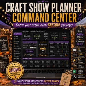 May include: A digital craft show planner command center displayed on a laptop screen, featuring a dashboard with revenue, profit, and break-even calculators. The interface includes a show scorecard, event calendar, and lists of shows with grades.