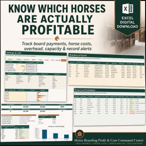 以下が含まれることがあります： 馬の預託管理用に設計された、Know Which Horses Are Actually ProfitableというタイトルのデジタルExcelスプレッドシートテンプレート。設定、預託者、馬、収益性に関するデータテーブルと、収益およびコストを示すグラフが含まれています。