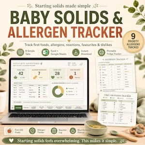 K&ouml;nnte beinhalten: Ein digitaler Tracker f&uuml;r feste Babynahrung und Allergene auf einem Laptop-Bildschirm, begleitet von zwei ausgedruckten Tracker-Bl&auml;ttern, einer kleinen Silikonschale und einem Holzl&ouml;ffel zur Dokumentation der ersten Lebensmittel und Reaktionen.