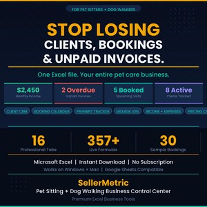 Puede incluir: Gráfico azul oscuro con texto blanco y amarillo que dice "STOP LOSING CLIENTS, BOOKINGS & UNPAID INVOICES". También incluye información sobre un centro de control de negocios de cuidado de mascotas.