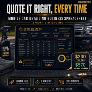 May include: A digital mobile car detailing business spreadsheet displayed on a tablet screen. The interface features a Smart Bid Engine with columns for service, labour cost, materials, total cost, suggested price, and profit, plus a profit breakdown chart.