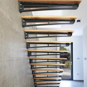 Custom Cantilever Stairs | Industrial Floating Staircase | Steel & Oak| Hand-Forged Details | Stairs for Exposed Concrete Walls
