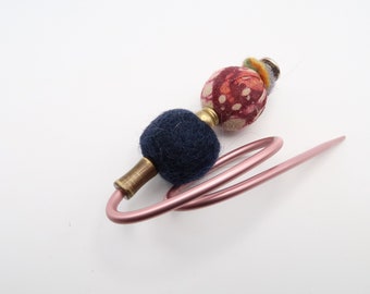 Shawl/Scarf Pin - recycled knitting needle, felt bead, fabric-covered bead, brass spacers - SundtStudios #0562