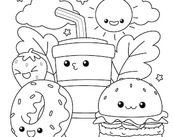 May include: Black and white line art illustration of a cartoon picnic scene. Includes a smiling sun, clouds, stars, a drink with a straw, a strawberry, a donut, and a hamburger, all with smiling faces.